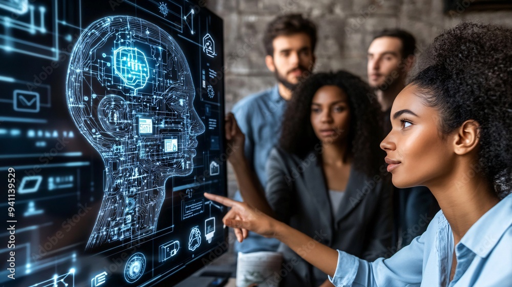 Poster a tech startup team brainstorming ideas with the aid of ai-powered collaborative tools in a modern w