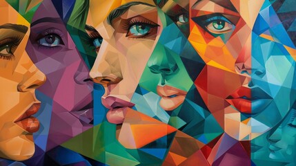 Obraz premium A painting of a woman's face surrounded by other women's faces, geometric abstract art, pop art, cubism