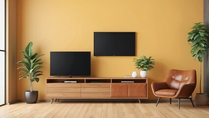 Modern Living Room with Two TVs, Wooden Cabinet, Leather Armchair and Plants