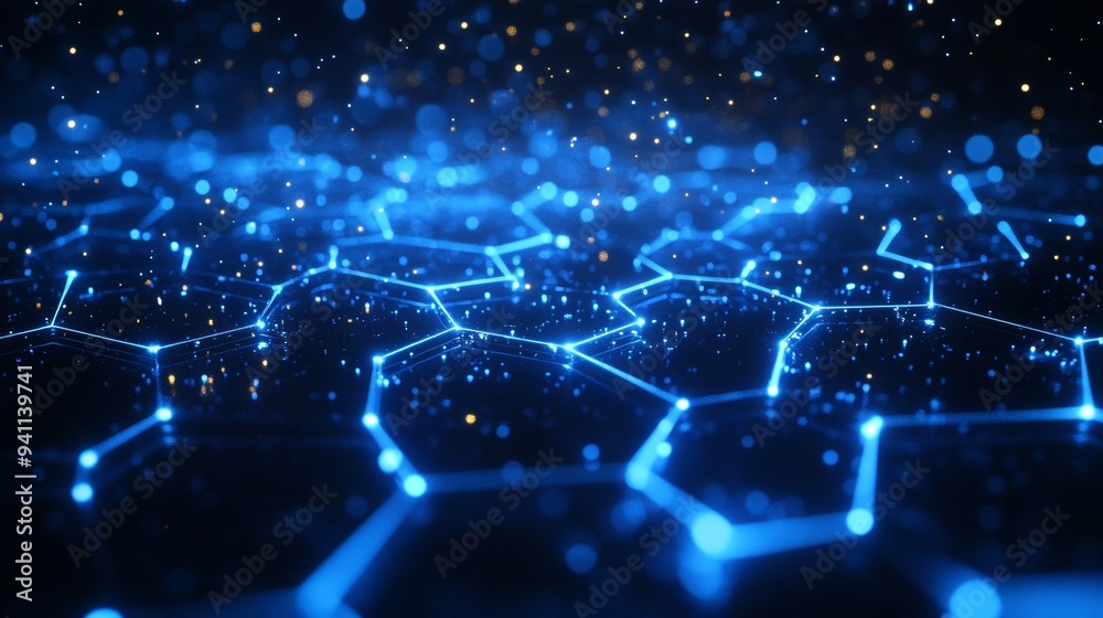 Poster glowing blue hexagonal grid with connected points resembling a futuristic digital network