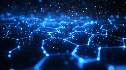 Glowing blue hexagonal grid with connected points resembling a futuristic digital network