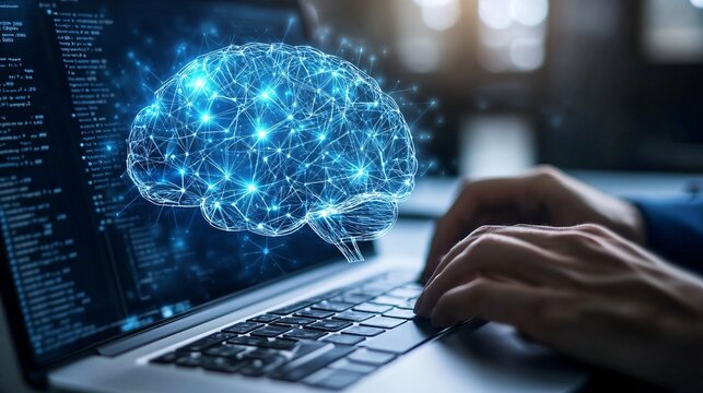 A tech startup team brainstorming ideas with the aid of AI-powered collaborative tools in a modern workspace Stock Photo with copy space