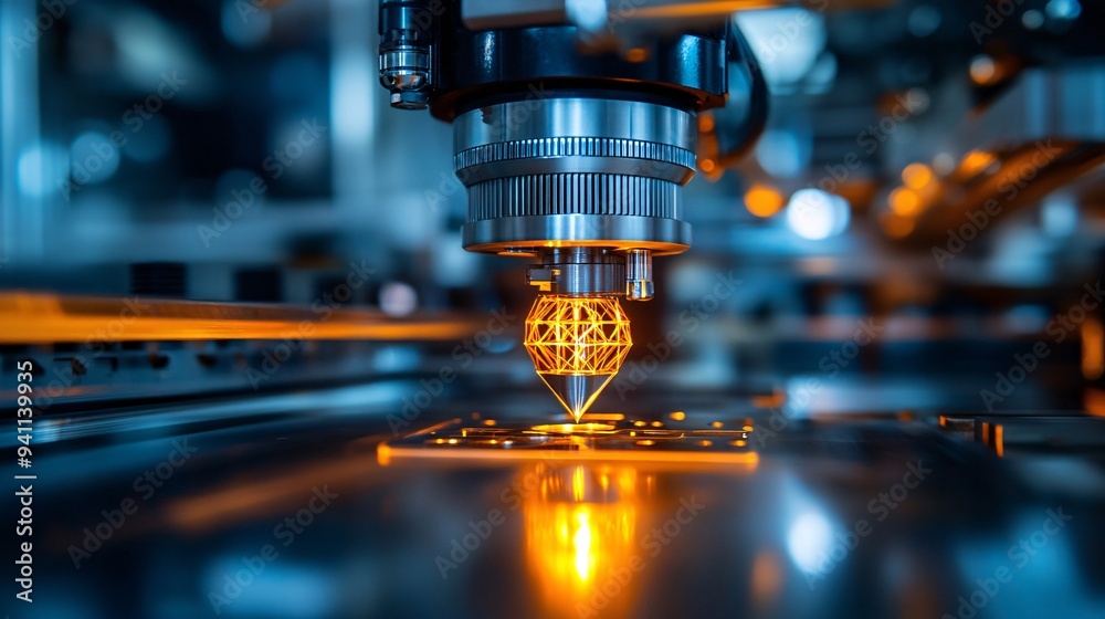 Poster A 3D printer powered by AI creating complex and precise components for industrial use Stock Photo with copy space