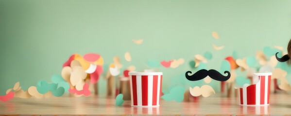 Obraz premium Mustache stick isolated on light green pastel background, minimal style. Happy fathers day, Movember concept.