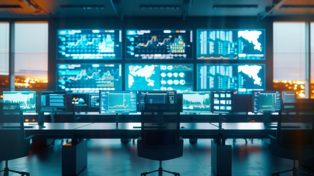A high-tech command center filled with multiple digital screens showcasing real-time data, emphasizing a busy and dynamic environment.