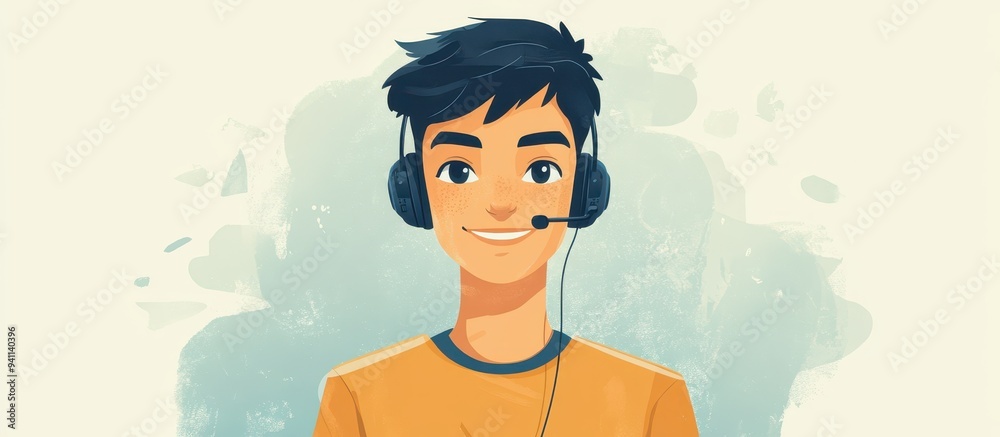 Poster Young Man with Headset Smiling - Customer Service Representative or Online Gamer Illustration