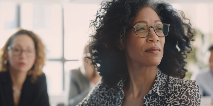 Lifestyle portrait of professional black woman in group business meeting