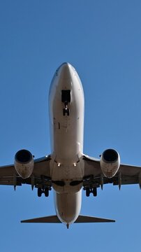Vertical video of airplane impressive landing flying overhead