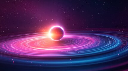 Glowing planet with colorful rings in deep space, surrounded by stars and cosmic light