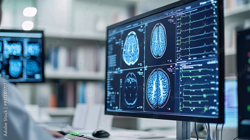 Poster a medical imaging device using ai to provide detailed and accurate scans for diagnostics stock photo