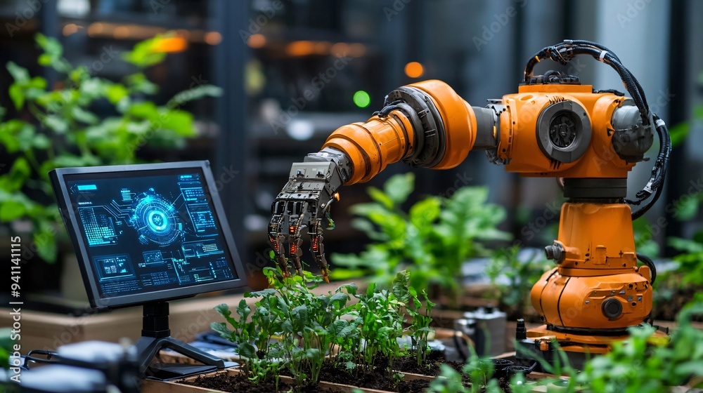 Poster a high-tech farming operation where ai monitors and optimizes crop growth and resource usage stock p