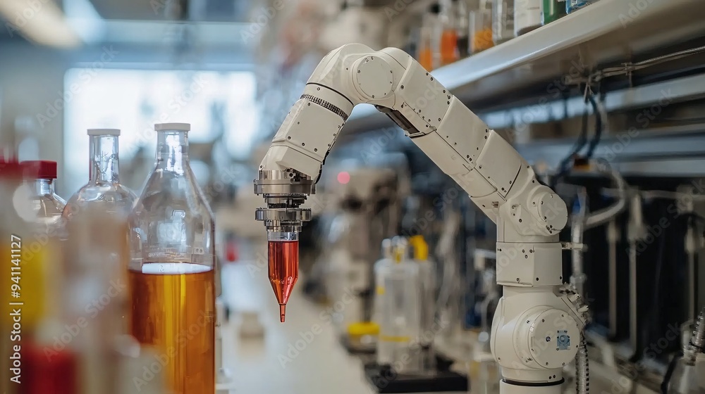 Aufkleber a robotic arm in an ai-controlled lab performing precise and complex tasks in scientific research st