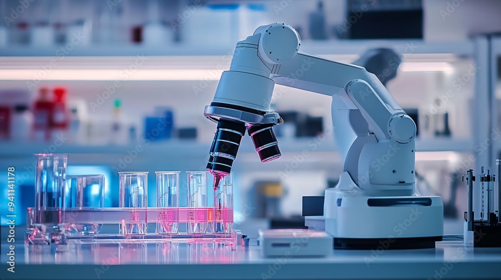 Aufkleber a robotic arm in an ai-controlled lab performing precise and complex tasks in scientific research st