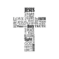 Vector illustration on Christian theme. Cross made of words.