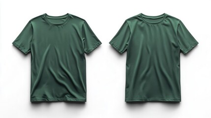 dark green tshirt mockup floating in white space front and back views clean lines subtle fabric texture