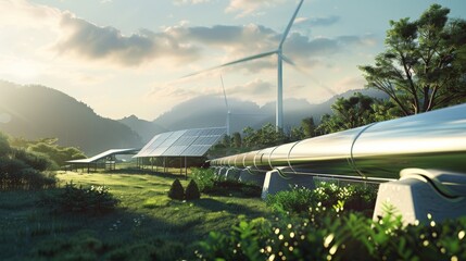 Rows of solar panels and wind turbines coexist in a serene landscape, highlighting the balance between renewable energy technology and natural beauty.