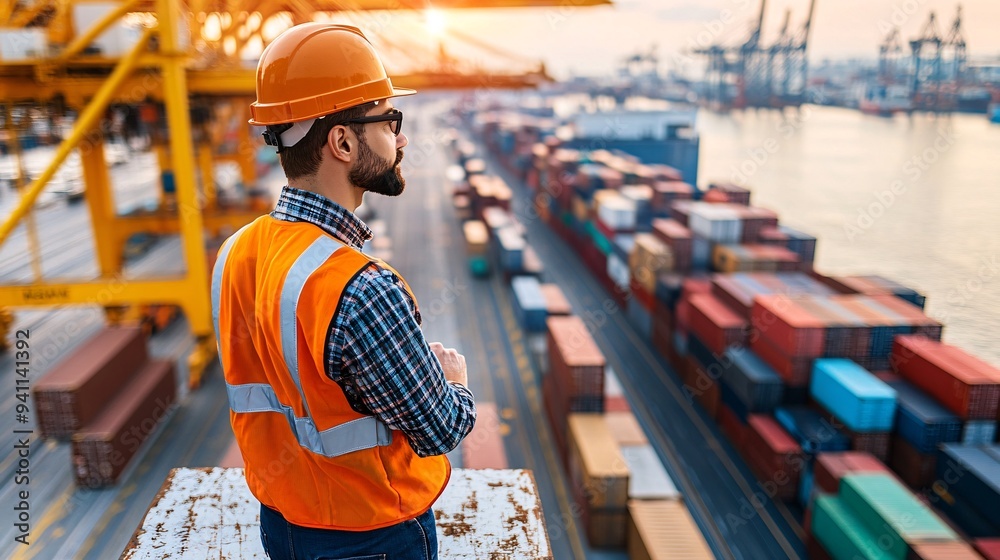 Poster A logistics manager using AI-powered tools to optimize the supply chain and reduce costs Stock Photo with copy space