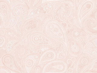 Pastel orange background with many paisleys pattern. Indian style ornament. Tie dye or shibori design.