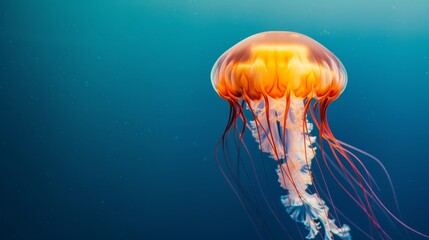 A vibrant and surreal underwater scene featuring a translucent, glowing jellyfish drifting gracefully in the deep blue ocean.