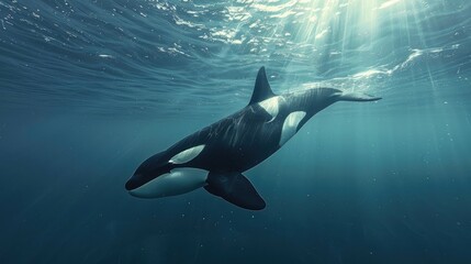 Naklejka premium Orca Swimming Through Sunlight in Deep Blue Water