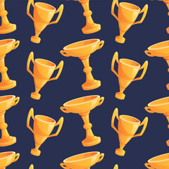 Golden trophy cup of the winner. Competition award, goblet with handles. Vector seamless cartoon pattern illustration.