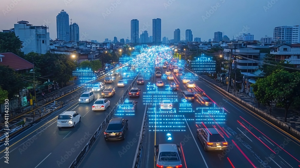 Poster A smart city managed by AI with automated traffic systems and energy-efficient infrastructure Stock Photo with copy space
