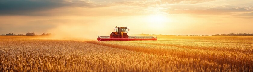 Fototapeta premium Golden Wheat Field at Sunset with a Combine Harvester in Action