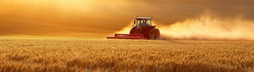 Fototapeta premium Tractor Harvesting Wheat in Golden Field at Sunset with Dust Cloud in Background