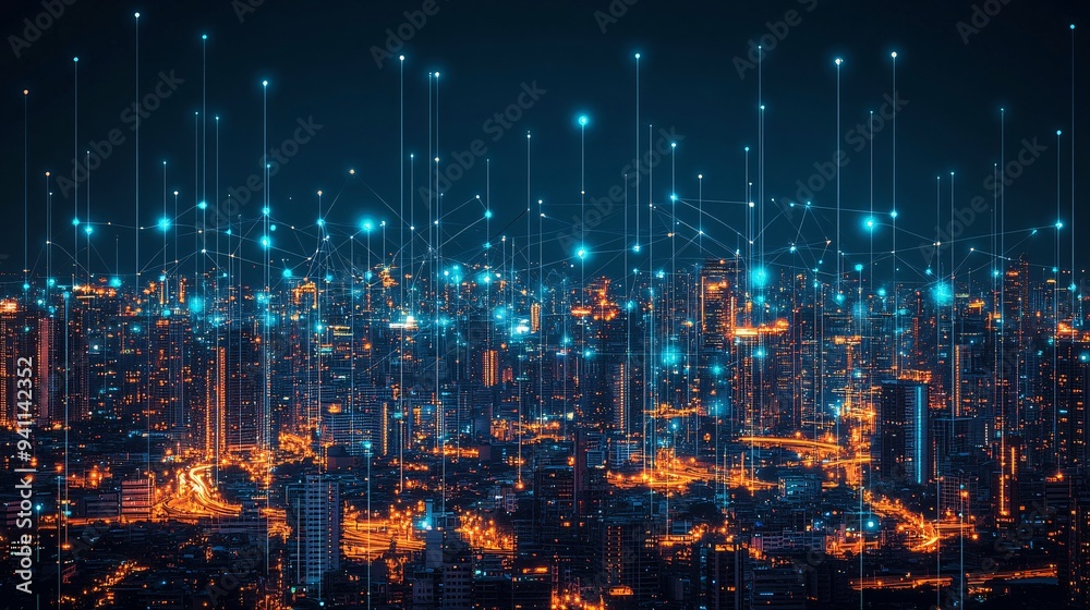 Poster A smart city managed by AI with automated traffic systems and energy-efficient infrastructure Stock Photo with copy space