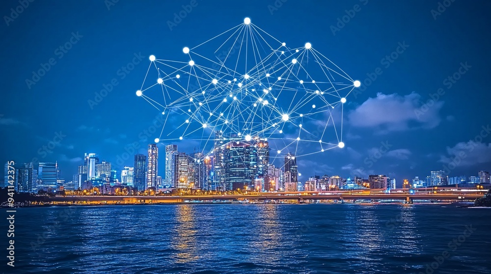 Poster A smart city managed by AI with automated traffic systems and energy-efficient infrastructure Stock Photo with copy space