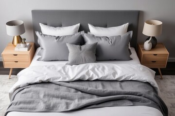 Grey and White Bed with Pillows and Nightstands