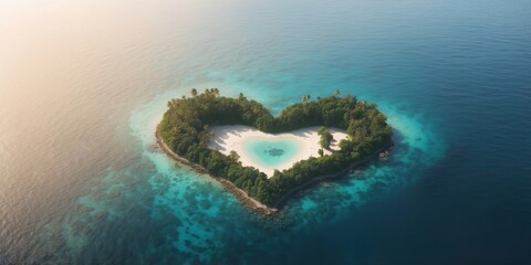 Top view of an island in the ocean in heart shape.