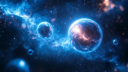 Obraz premium Planets and cosmic bodies glowing in deep space with nebulae and starry background