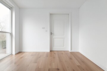 Empty Room with White Walls, Wooden Floor, and Closed Door