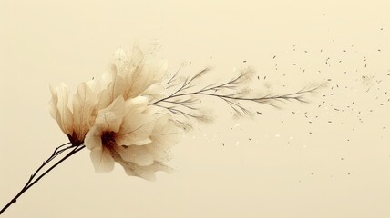 A minimalist illustration of a single seed pod opening up, with seeds gently falling out and being carried away by a light breeze