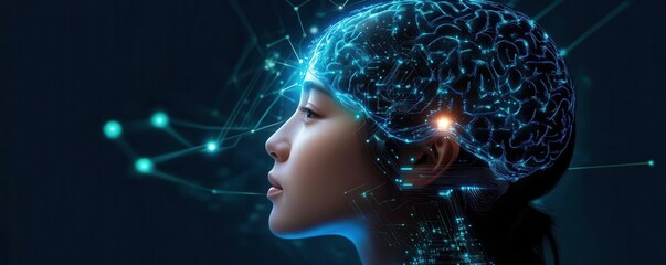 A futuristic portrayal of a woman's profile with a glowing brain, symbolizing knowledge, technology, and innovation in the digital age.