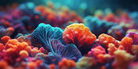 Obraz premium Abstract image of a colorful organic structure resembling a coral reef or a microscopic view of a biological organism.