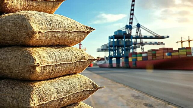 A close-up shot of wheat sacks stacked and ready for export at the port, with the busy dock in the background, capturing the hustle and bustle of the shipping industry