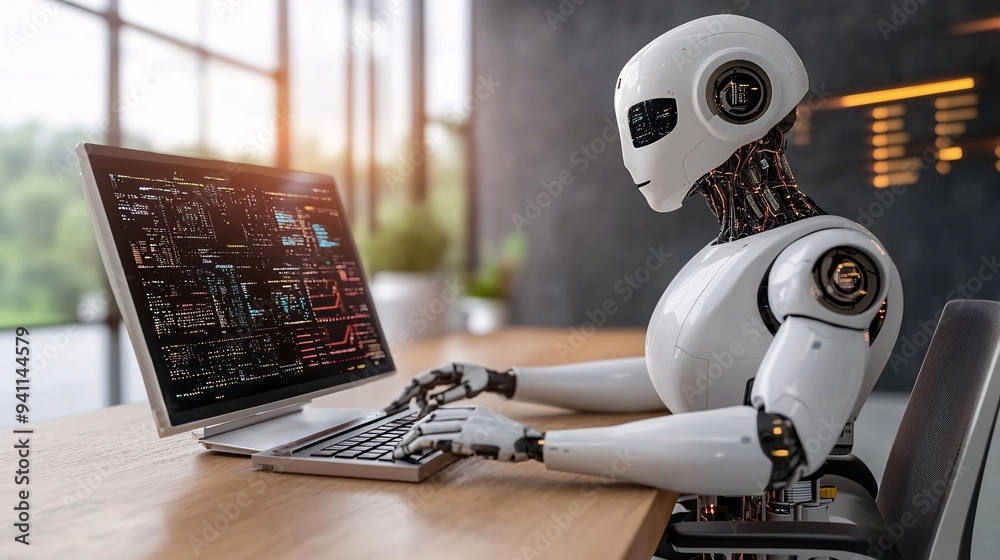 Poster A futuristic office where AI algorithms manage and streamline business processes for maximum efficiency Stock Photo with copy space