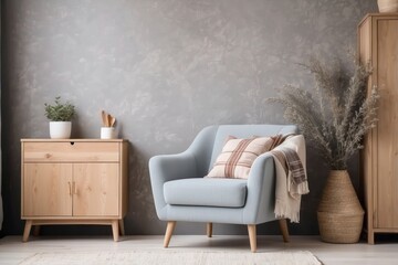 Light Blue Armchair with Plaid Pillow in a Modern Living Room