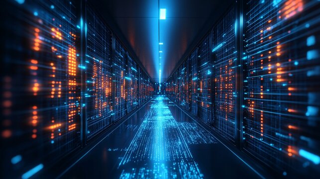 A futuristic office where AI algorithms manage and streamline business processes for maximum efficiency Stock Photo with copy space