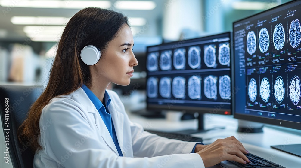 Poster A research scientist using AI tools to model and predict environmental changes on a global scale Stock Photo with copy space