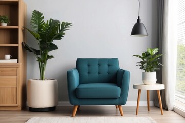 Teal Armchair with Plants and Pendant Light in a Minimalist Living Room