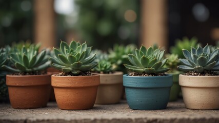 Assorted succulents and cacti in decorative pots.
