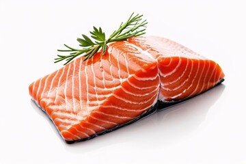 Fresh salmon fillet with herbs, isolated on white background.