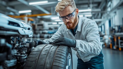 A robotics engineer working on the development of AI-driven autonomous vehicles in a state-of-the-art lab Stock Photo with copy space