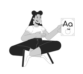 Smiling woman holding letter recognition card black and white 2D line cartoon character. Elementary school teacher isolated vector outline person. Education monochromatic flat spot illustration