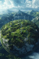Aerial View of Wind Turbines on a Lush Green Floating Island with Mountainous Background
