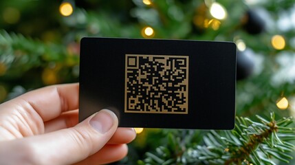 Hand holding card with QR code, modern holiday greeting, tech-savvy Christmas, digital gift card, festive background, innovative holiday communication