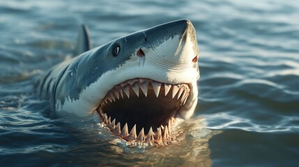 Naklejka premium Great white shark with open mouth, showing sharp teeth, in blue ocean water.
